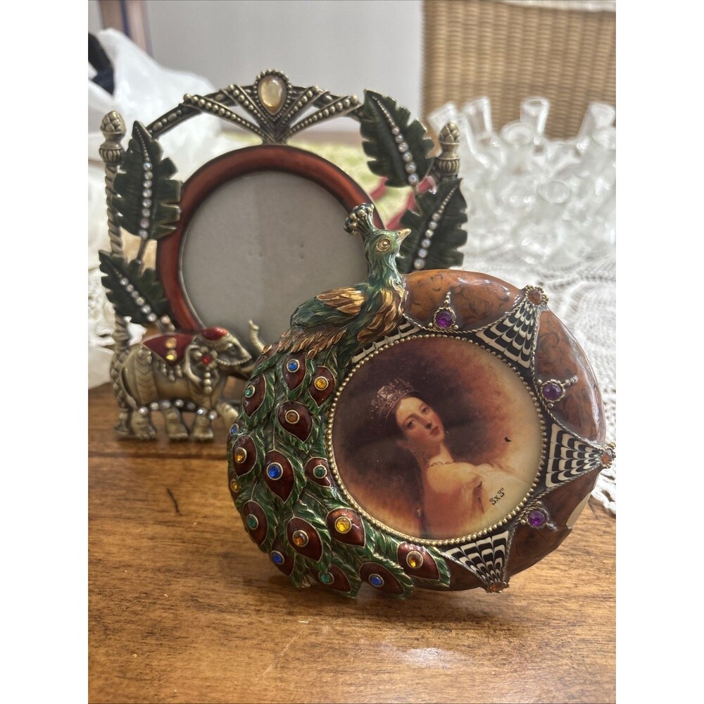 Elephant & Peacock Enamel,bejeweled metal photo 2 picture frame 3x6,3x3